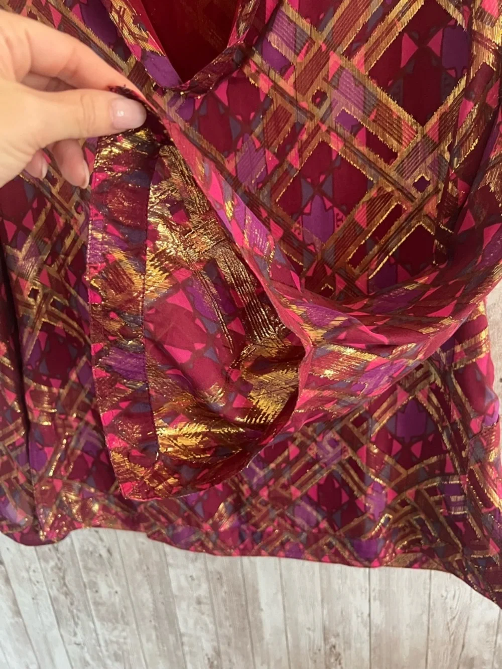 Tory Burch Metallic Geometric V-Neck Blouse in Magenta and Purple Business Size4